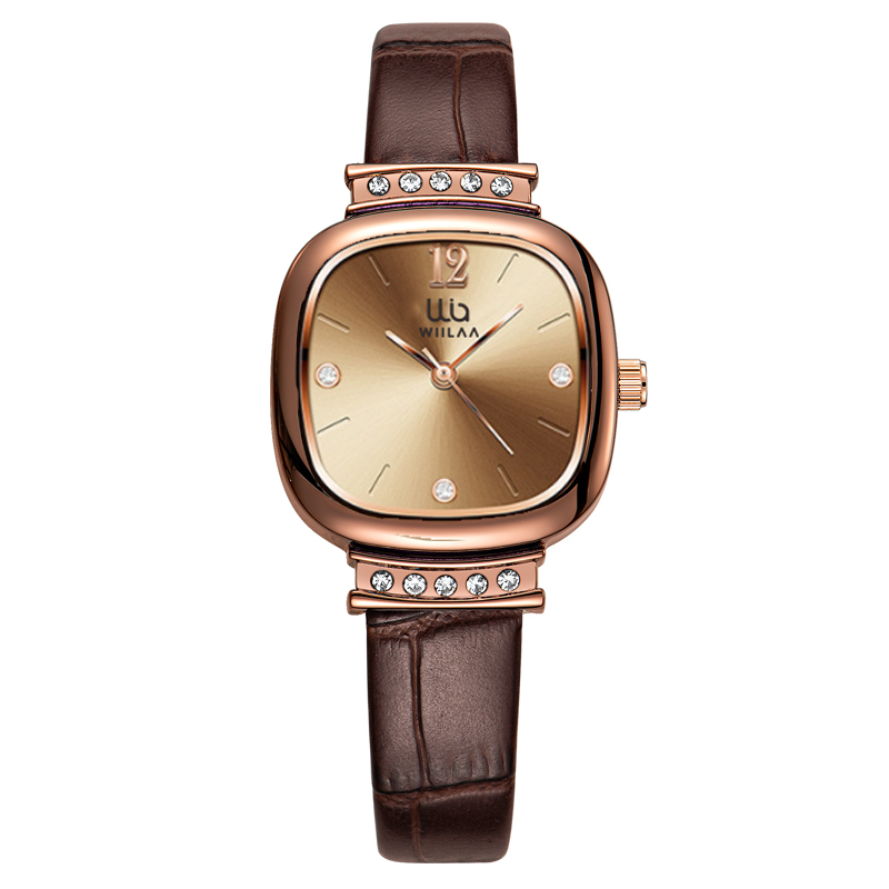 Luxury Watch With Leather Strap - Kadınlar için Gül Altın Kare Saat