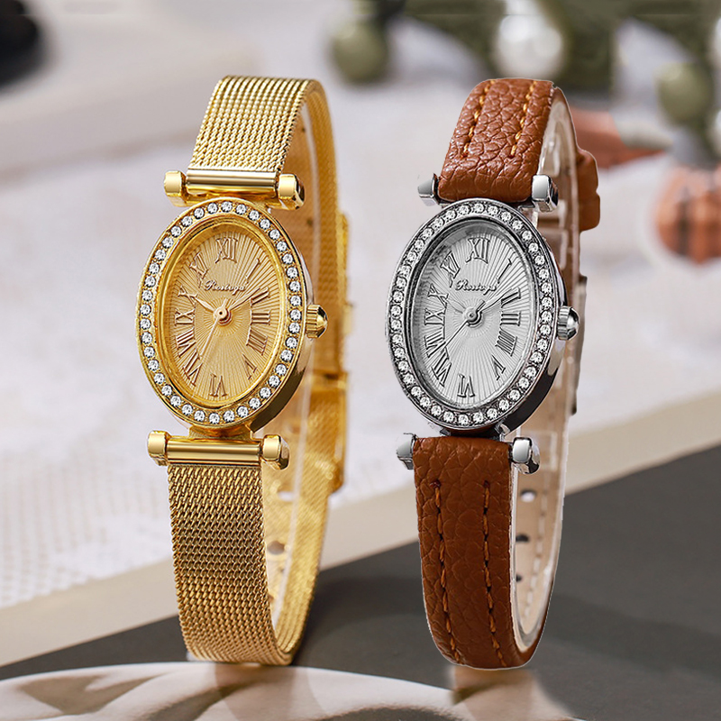 Luxury Watch With Leather Strap - Lüks Kadın Saati Moda Oval Elmas